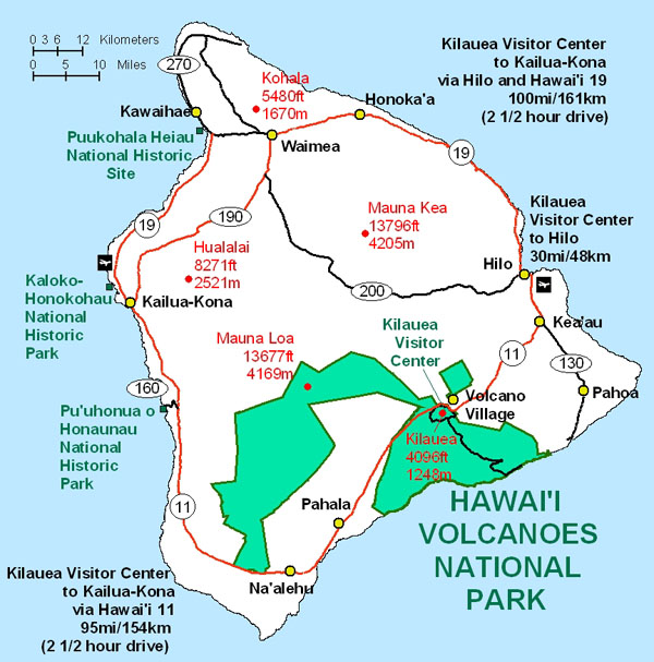 An illustrated map of the Big Island's national parks
