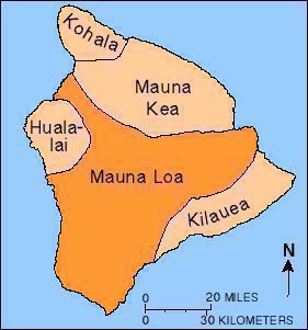 An map showing the 5 volcanoes on the Big Island